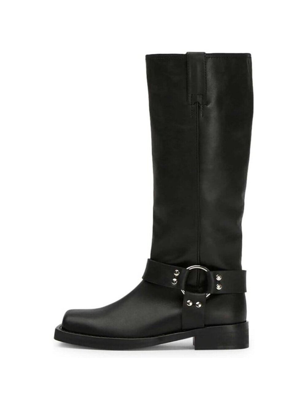 Women's Black Knee High Boots Slip On Riding Boots With Buckle Sexy Squared Toe